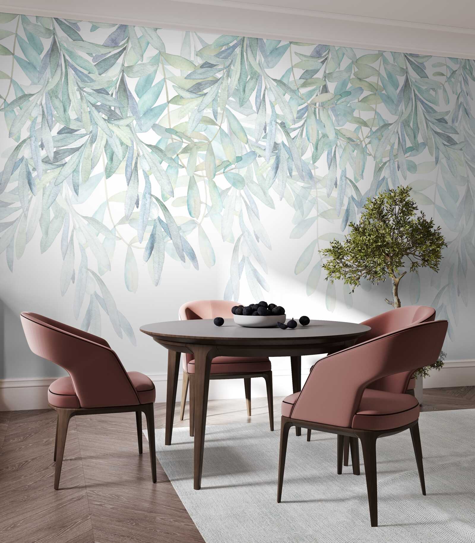 Papier peint plantes vertes luxuriantes sur fond blanc