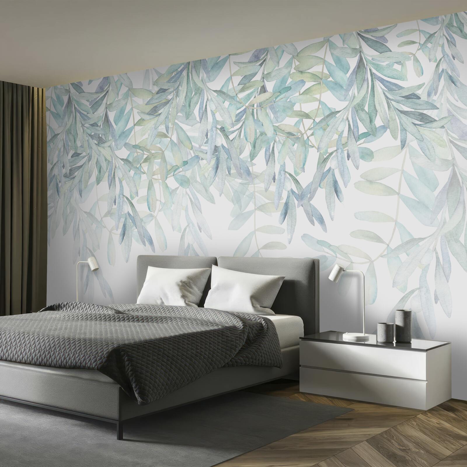 Papier peint plantes vertes luxuriantes sur fond blanc