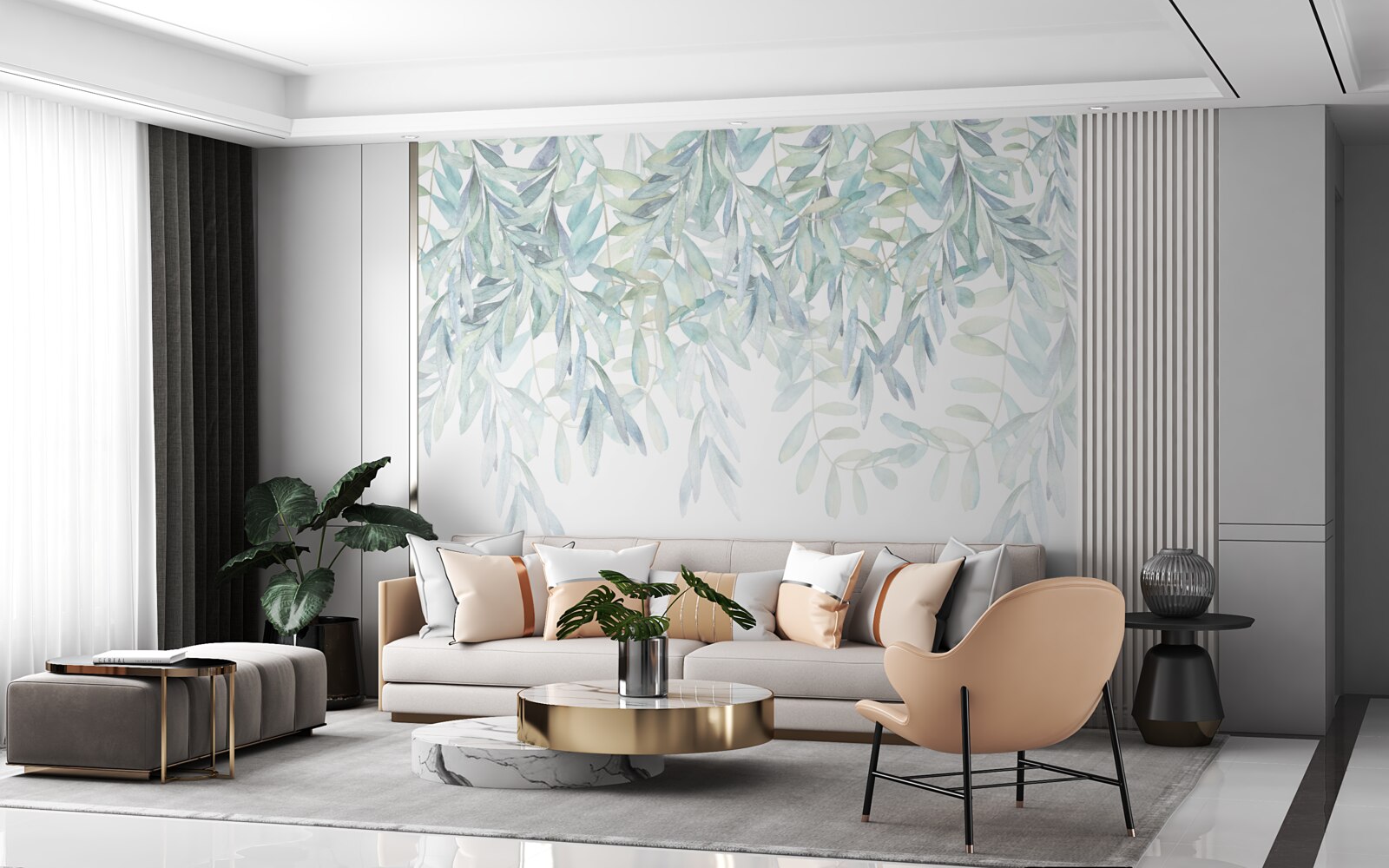 Papier peint plantes vertes luxuriantes sur fond blanc