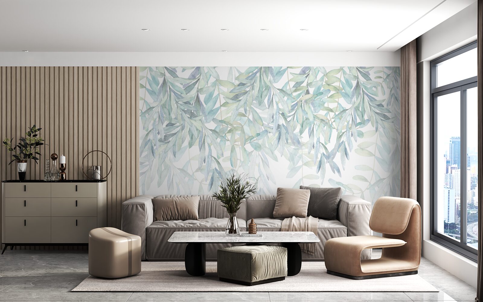 Papier peint plantes vertes luxuriantes sur fond blanc