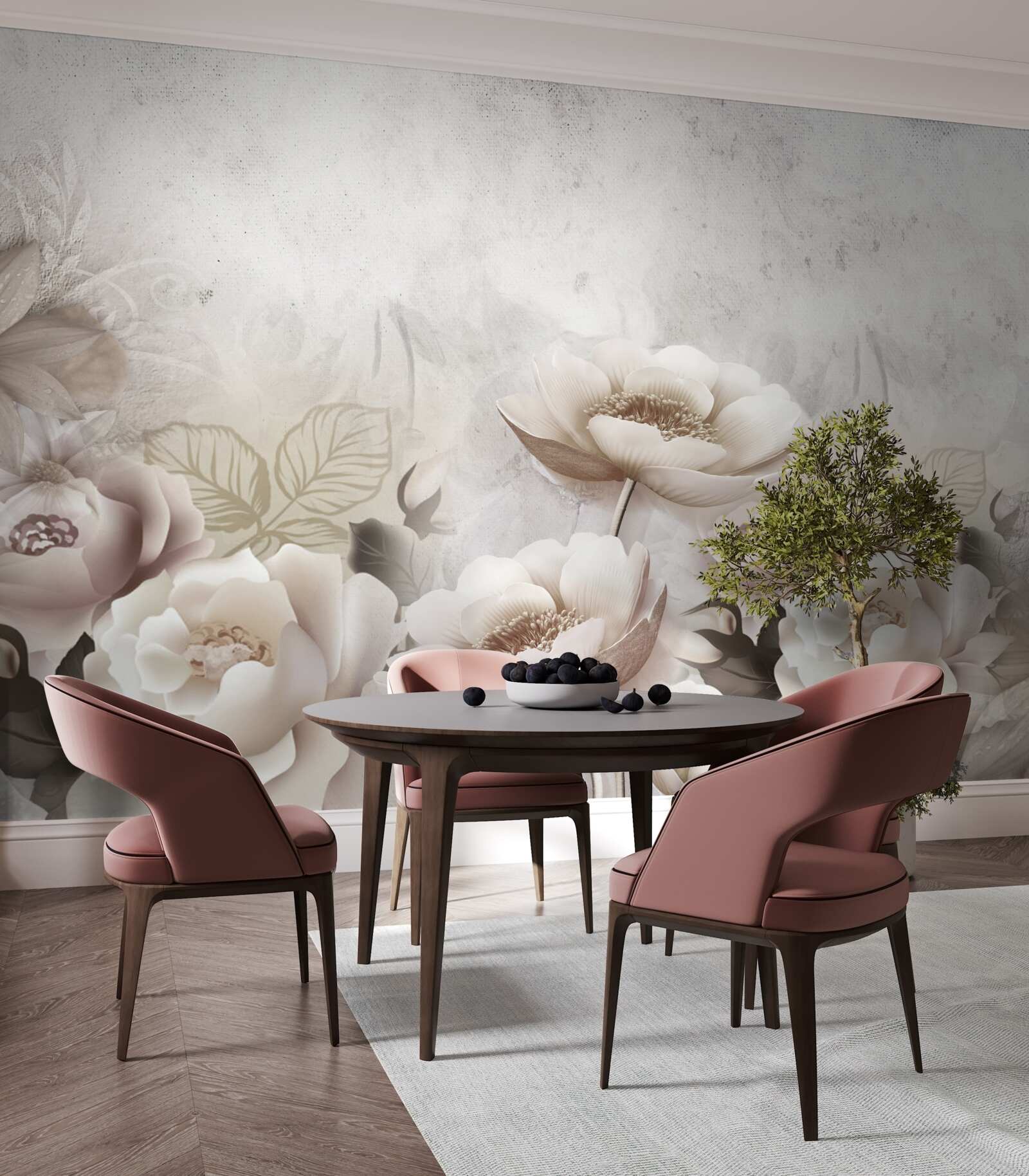 Papier peint une prairie brumeuse parsemée de fleurs blanches