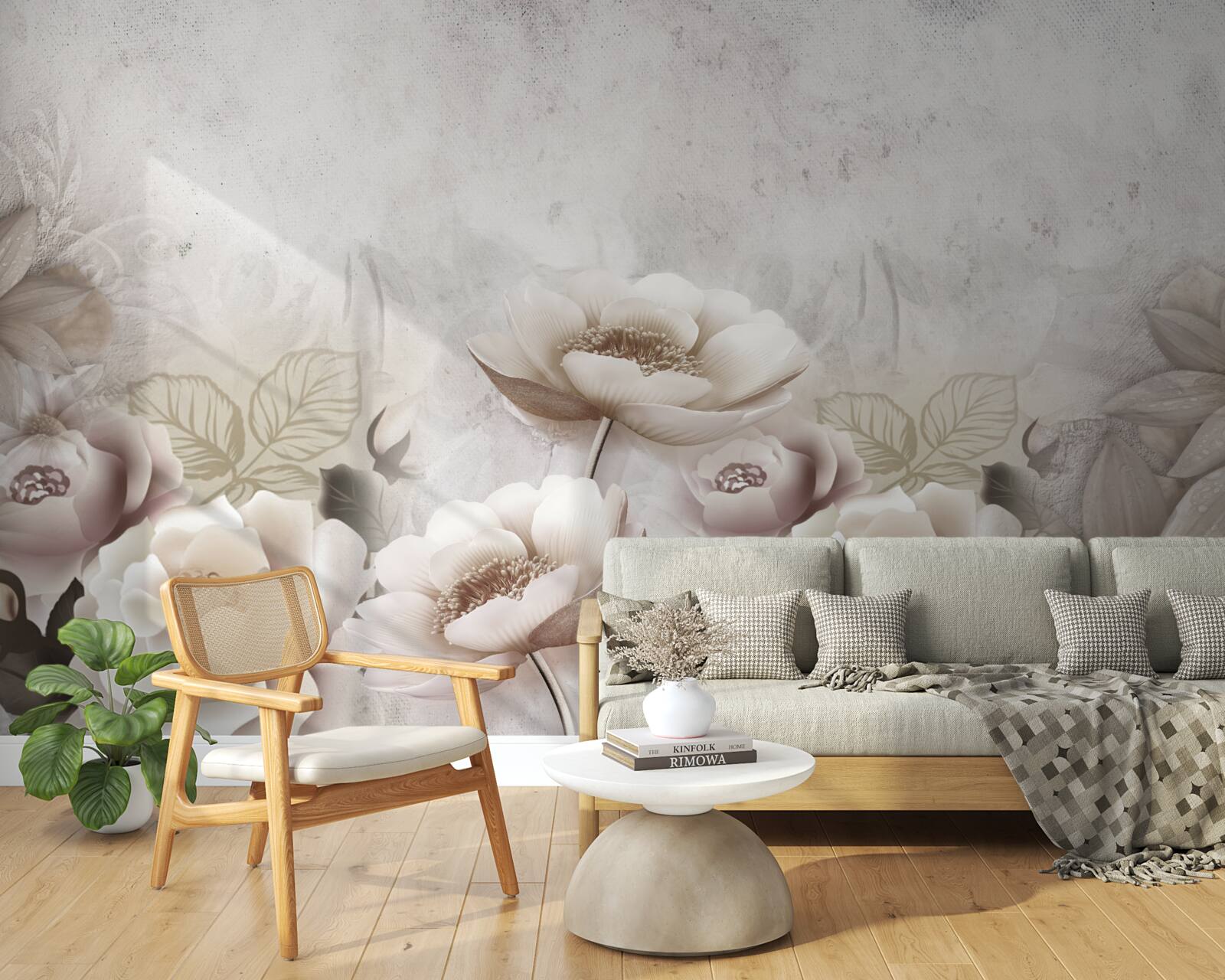 Papier peint une prairie brumeuse parsemée de fleurs blanches