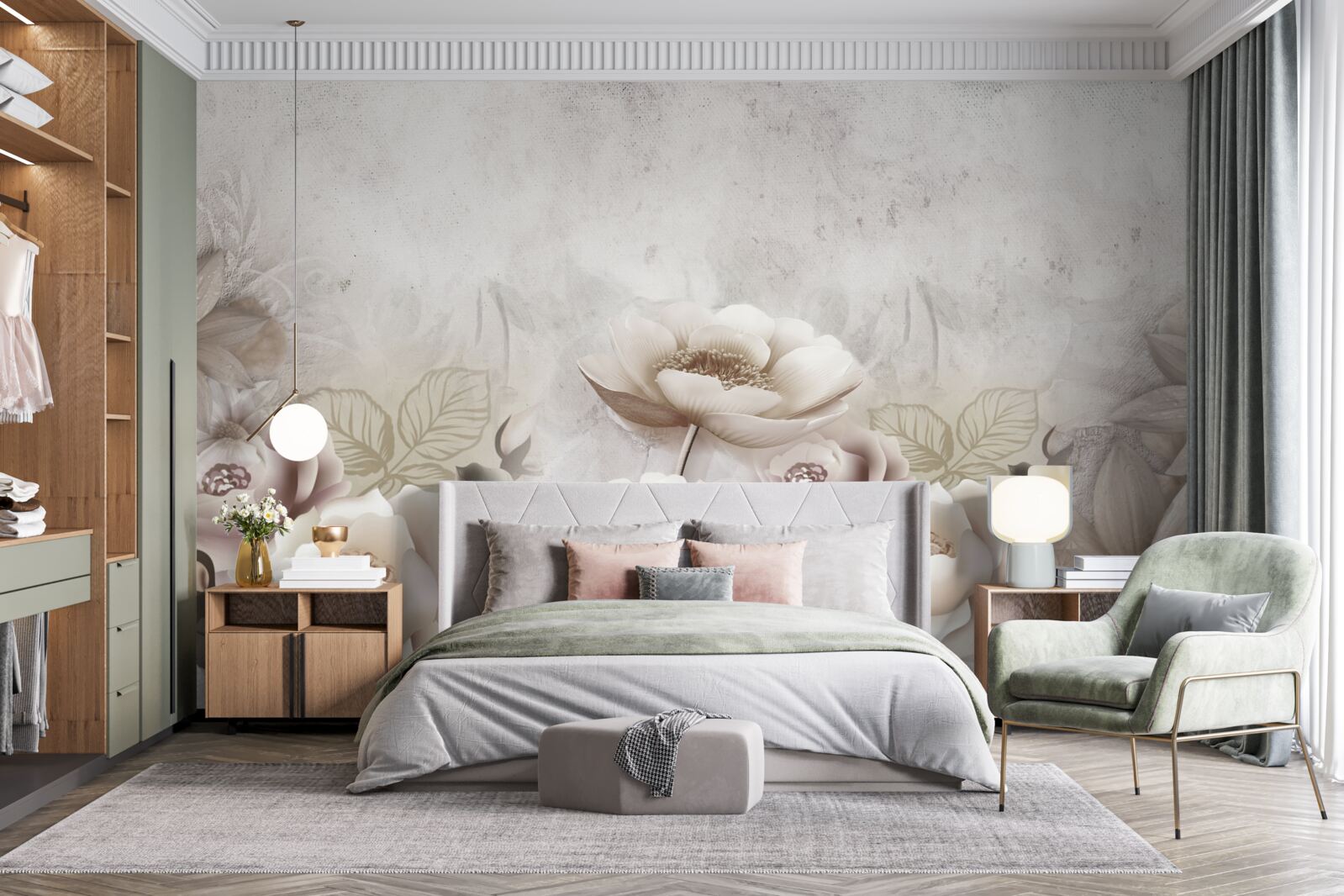 Papier peint une prairie brumeuse parsemée de fleurs blanches