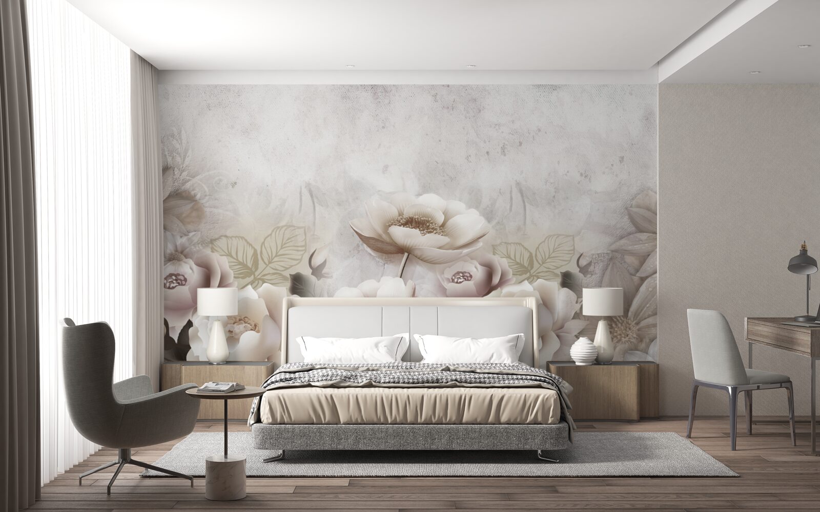 Papier peint une prairie brumeuse parsemée de fleurs blanches