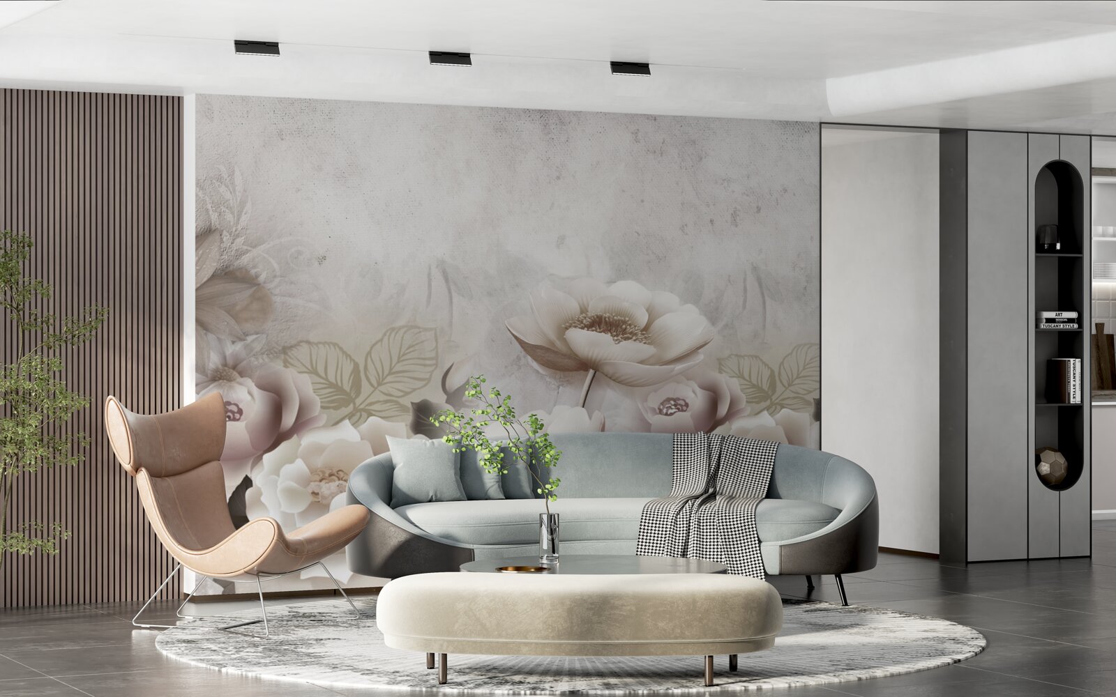 Papier peint une prairie brumeuse parsemée de fleurs blanches