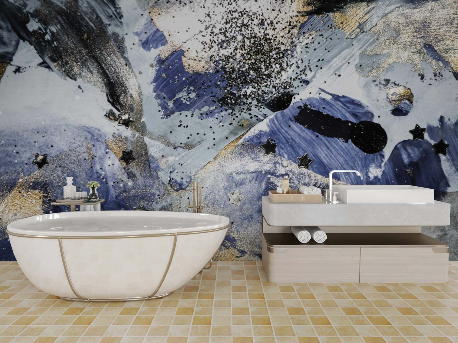 Papier peint tons d'or et de bleu dans un motif abstrait