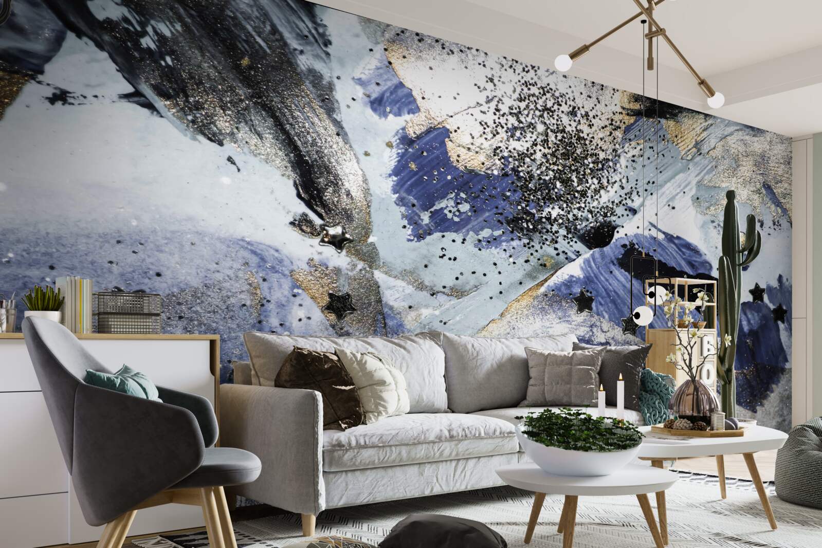 Papier peint tons d'or et de bleu dans un motif abstrait