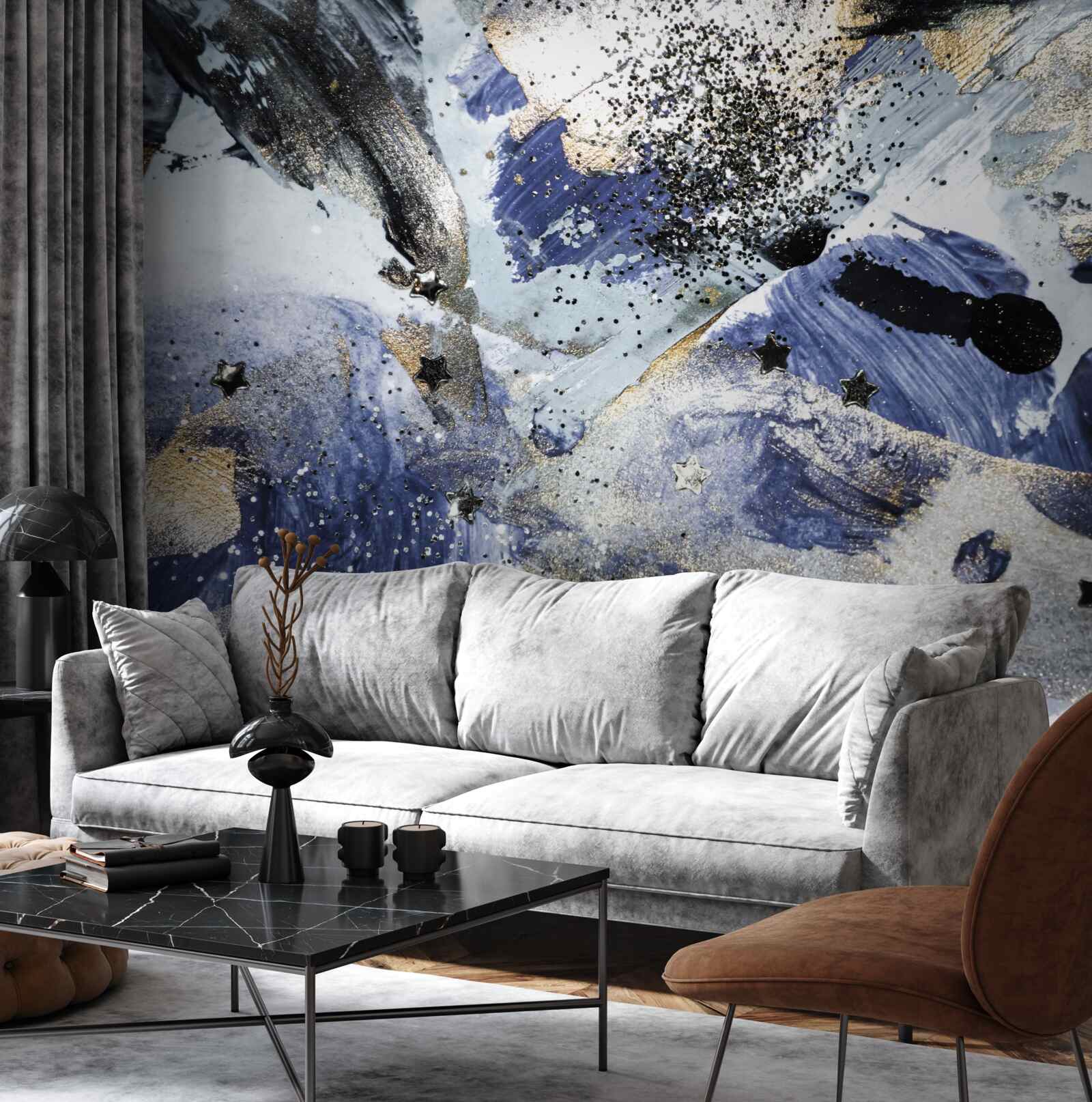 Papier peint tons d'or et de bleu dans un motif abstrait