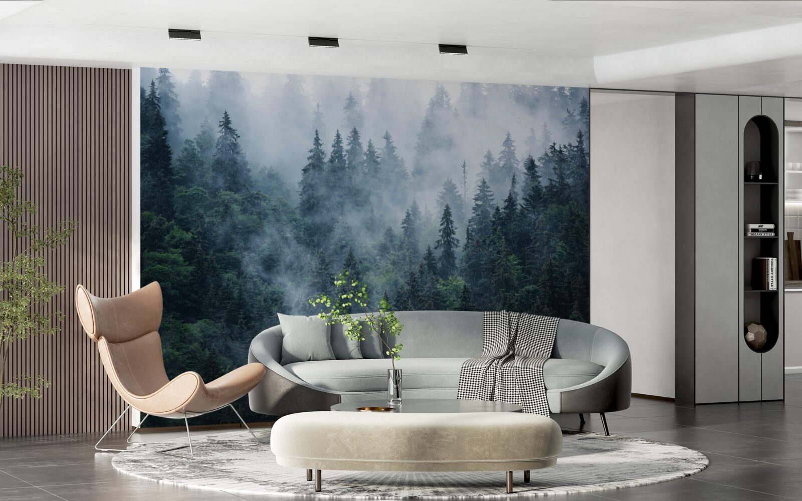 Papier peint la brume s'abat sur un bosquet d'épicéas