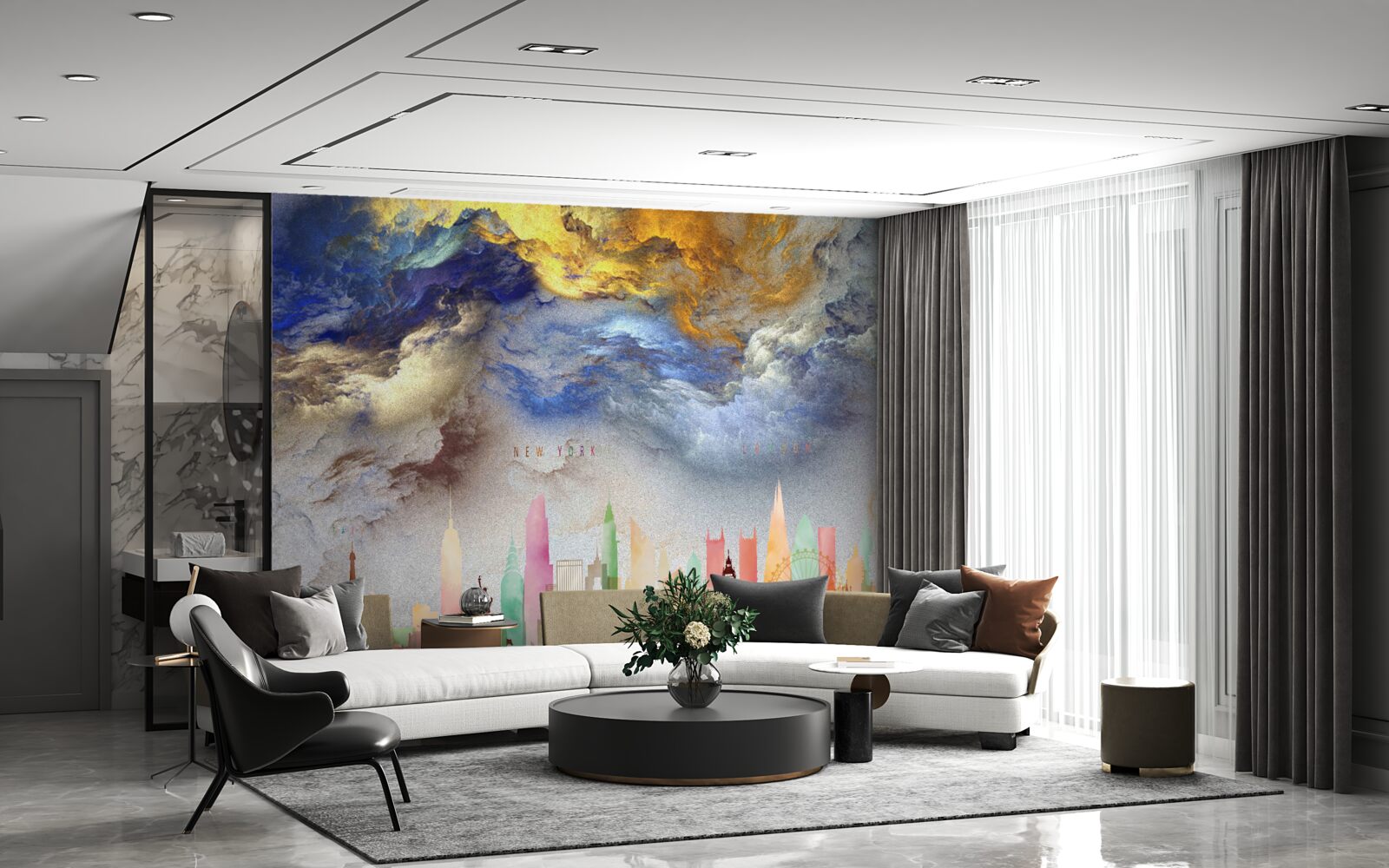 Papier peint nuages peu clairs au-dessus des bâtiments de la ville