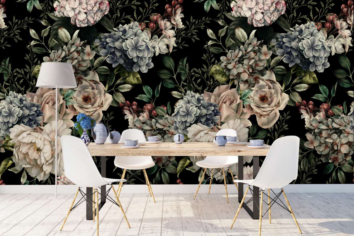 Papier peint branches fleuries sur fond sombre