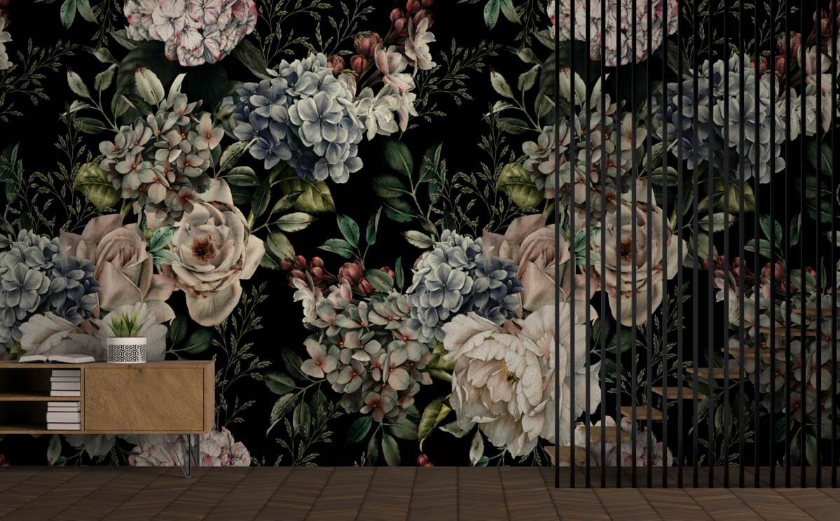 Papier peint branches fleuries sur fond sombre