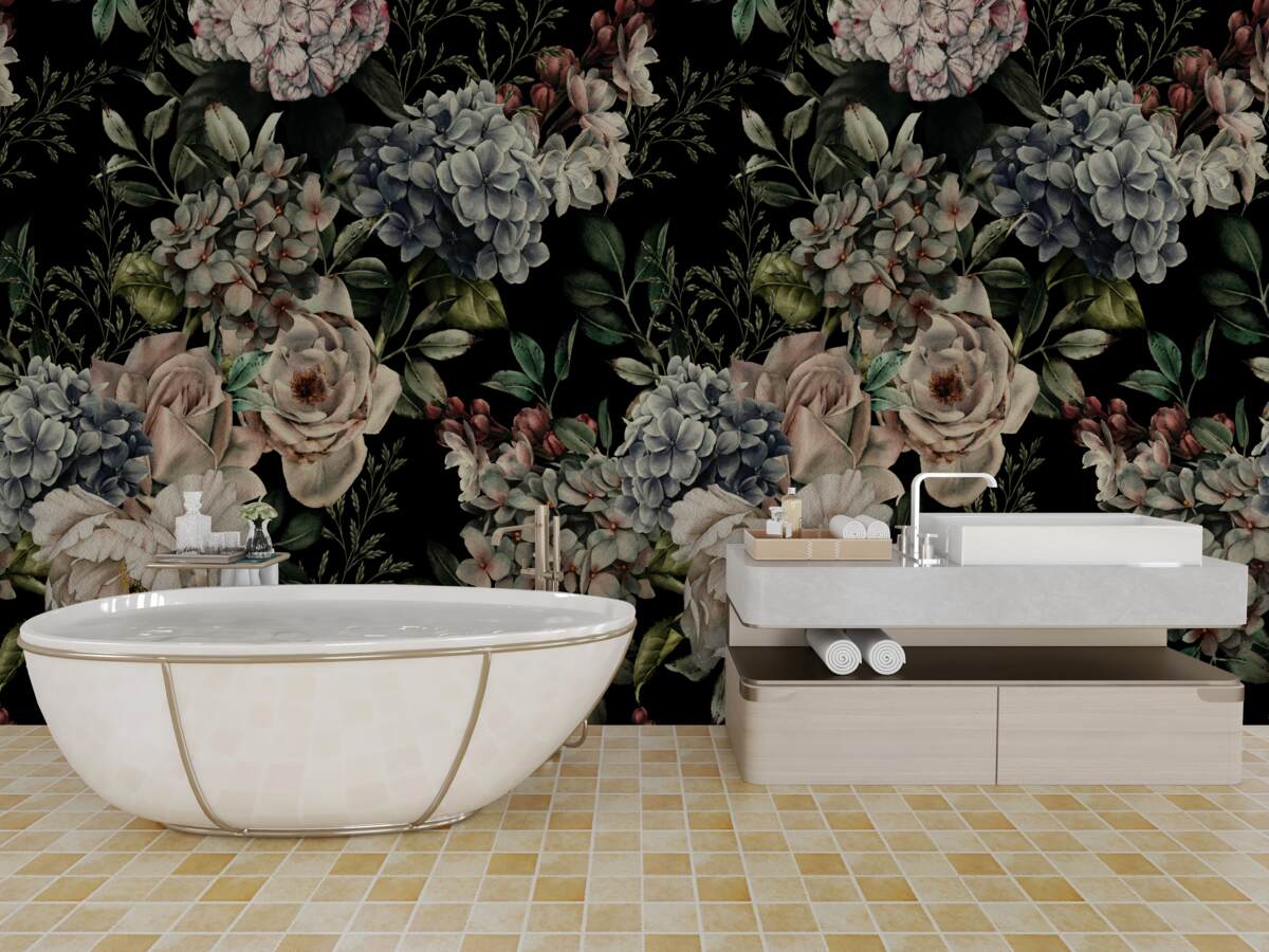 Papier peint branches fleuries sur fond sombre