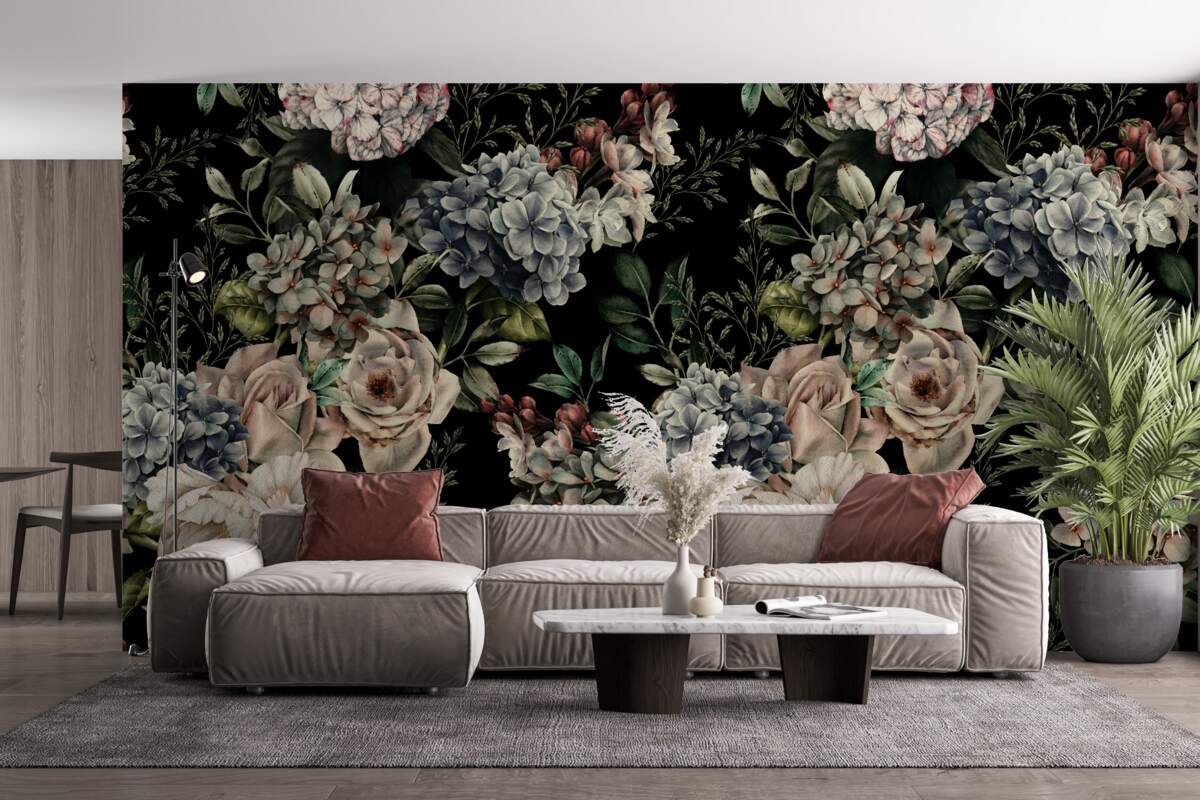 Papier peint branches fleuries sur fond sombre