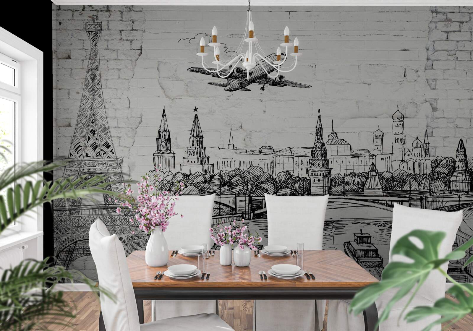 Papier peint une ville en noir et blanc, construite en briques blanches