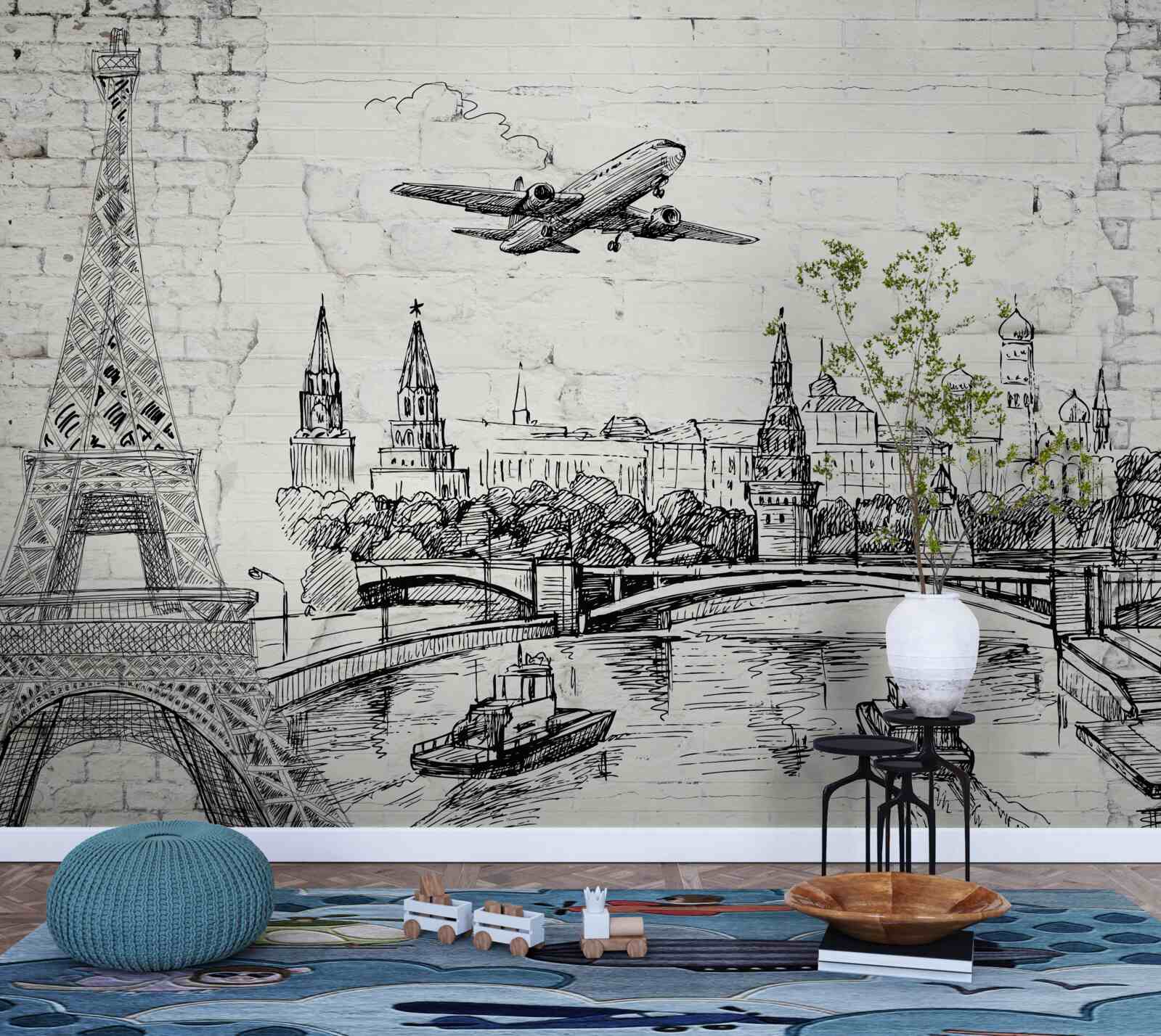 Papier peint une ville en noir et blanc, construite en briques blanches