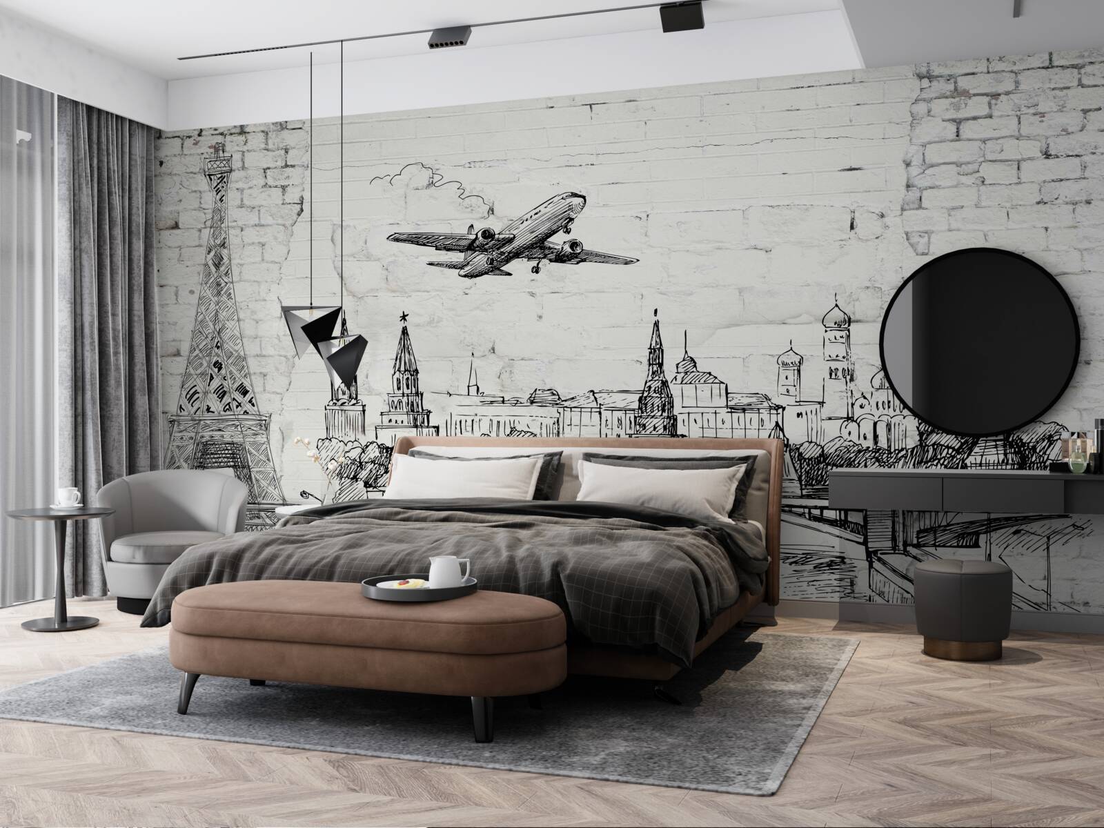 Papier peint une ville en noir et blanc, construite en briques blanches