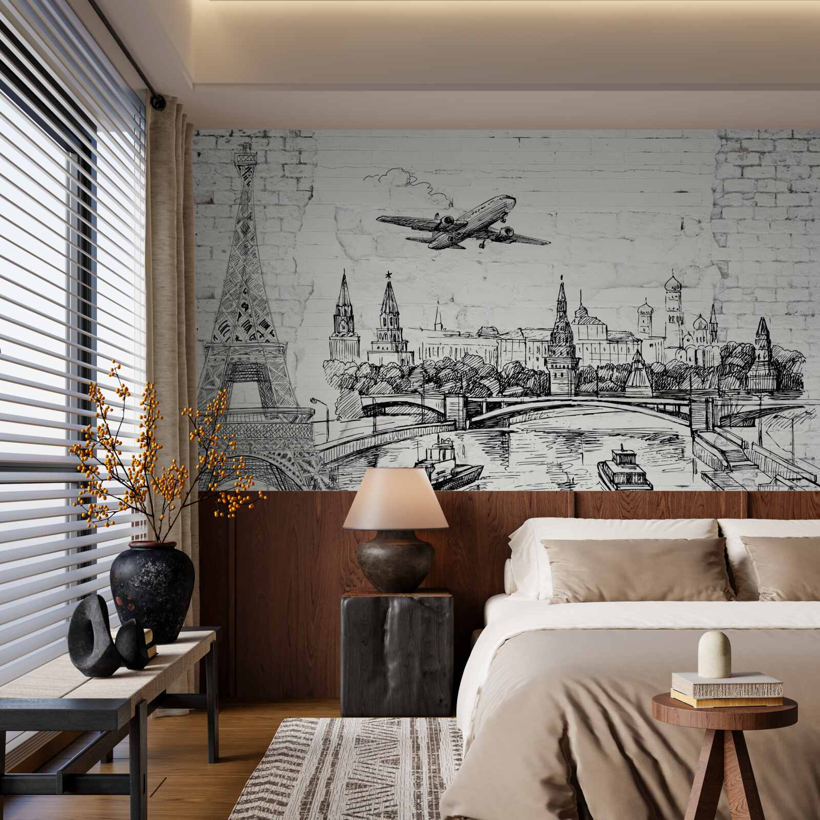 Papier peint une ville en noir et blanc, construite en briques blanches