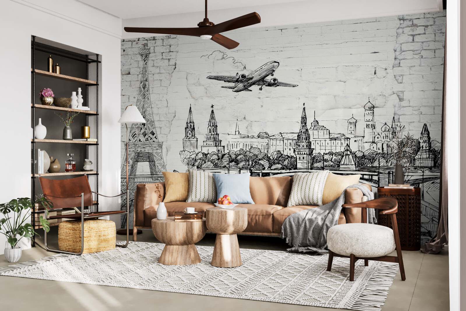 Papier peint une ville en noir et blanc, construite en briques blanches