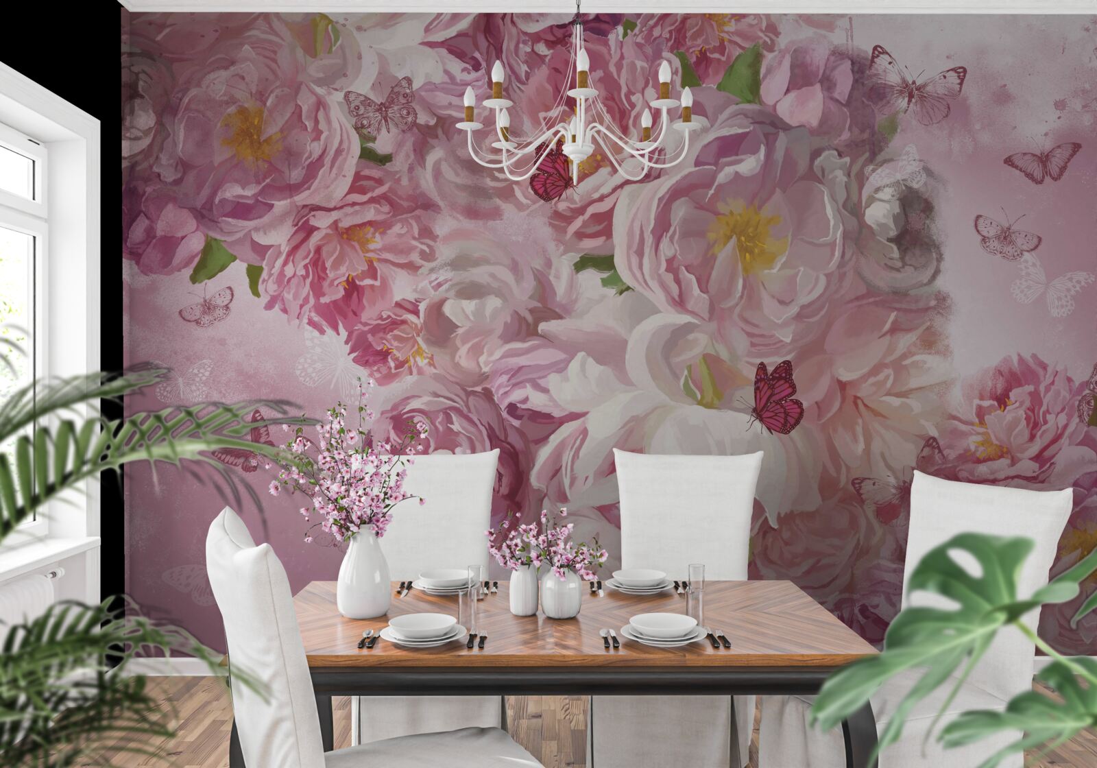 Papier peint branche décorée de bourgeons de fleurs