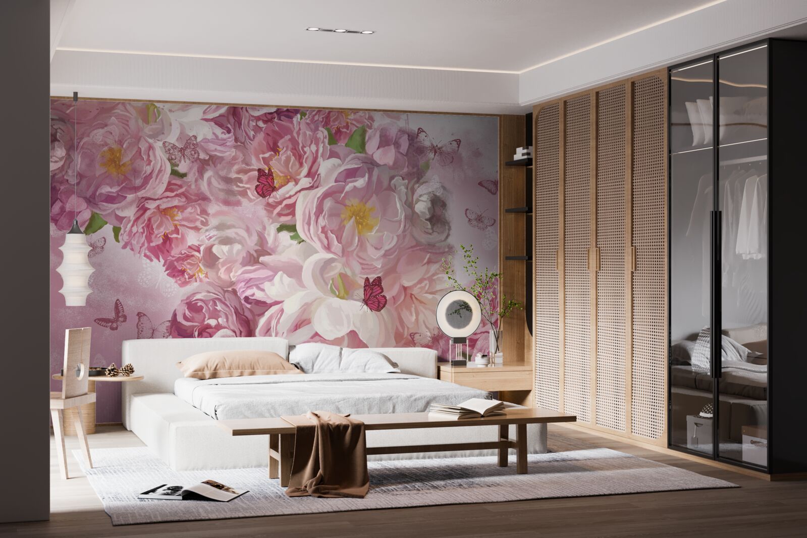 Papier peint branche décorée de bourgeons de fleurs