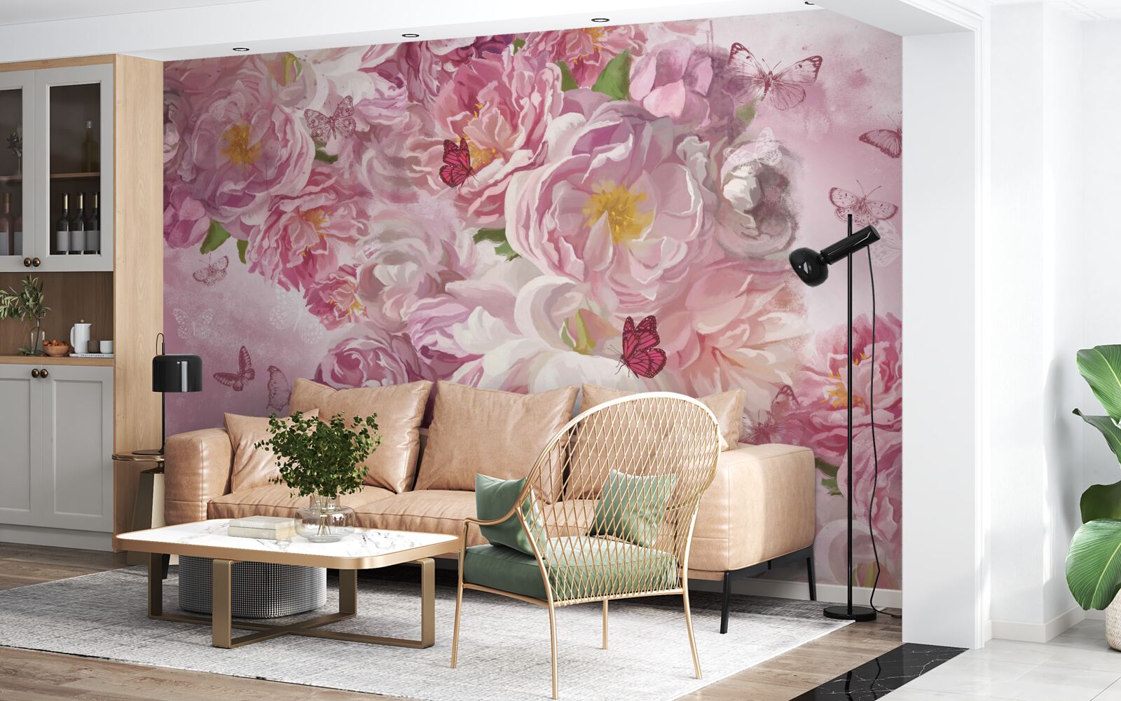 Papier peint branche décorée de bourgeons de fleurs