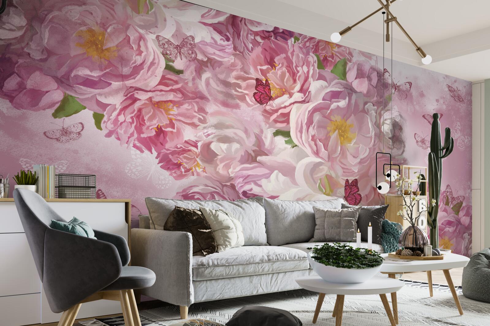 Papier peint branche décorée de bourgeons de fleurs