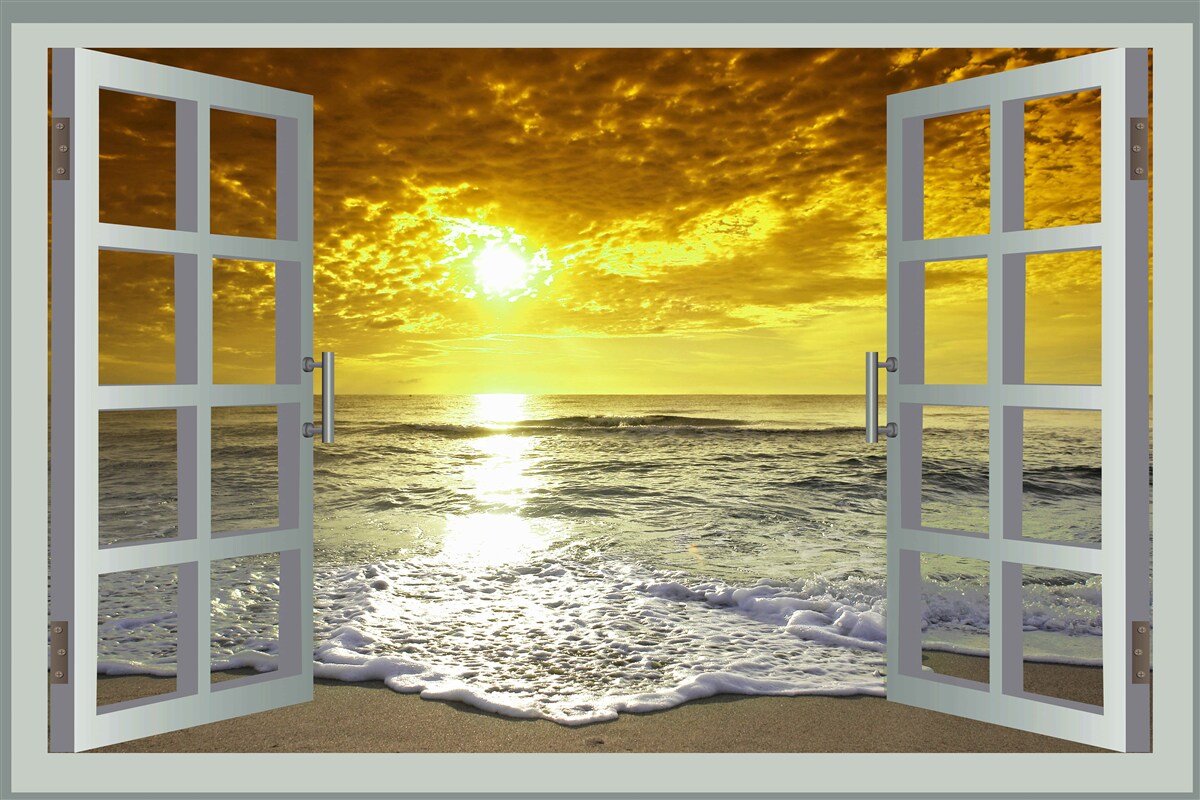 Papier peint vue magnifique sur le coucher de soleil sur la mer directement de la fenêtre