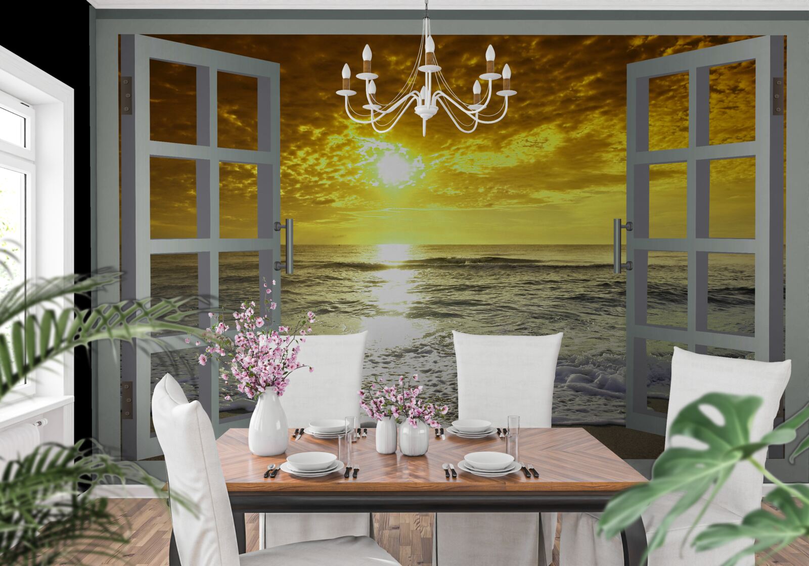 Papier peint vue magnifique sur le coucher de soleil sur la mer directement de la fenêtre