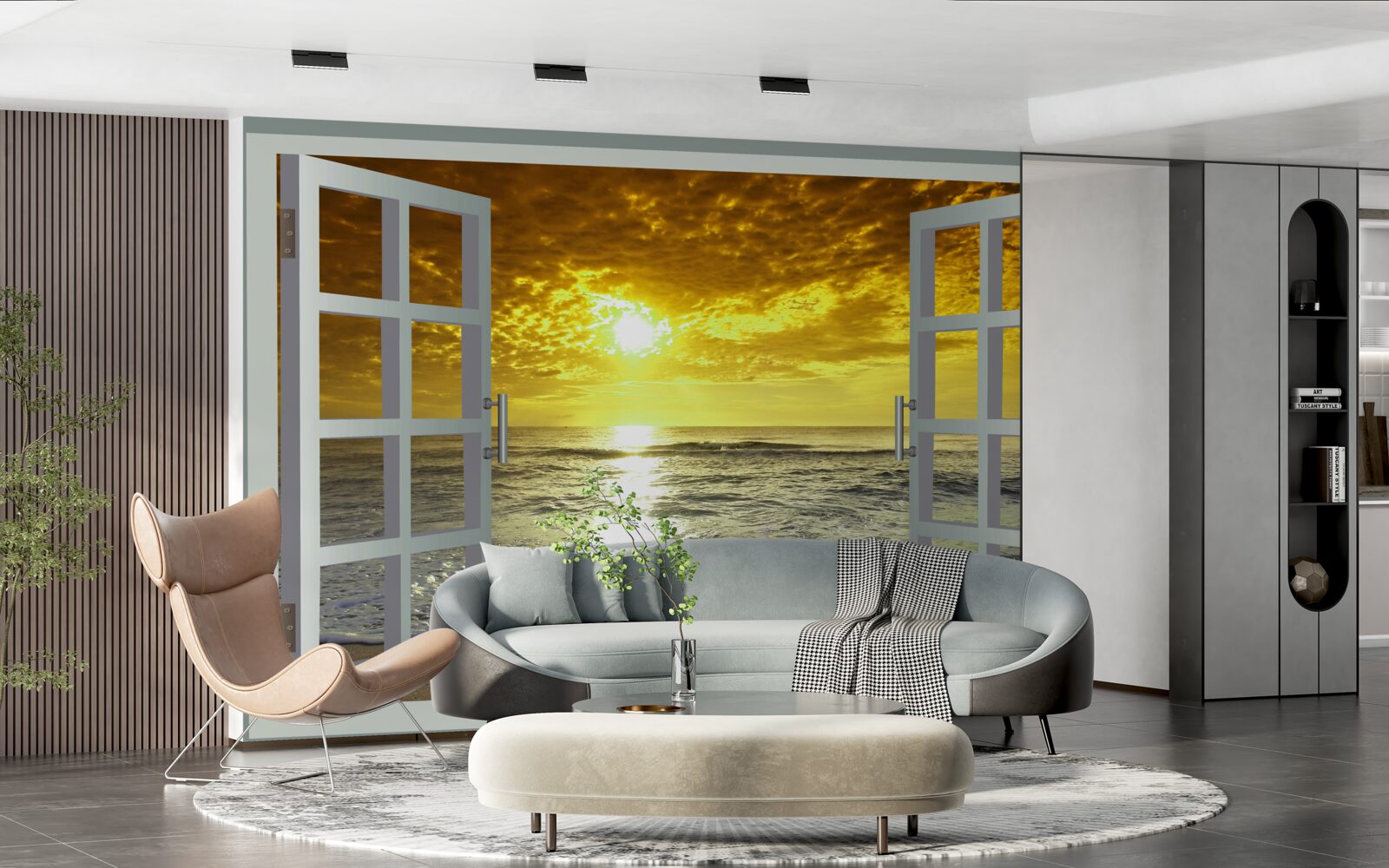 Papier peint vue magnifique sur le coucher de soleil sur la mer directement de la fenêtre