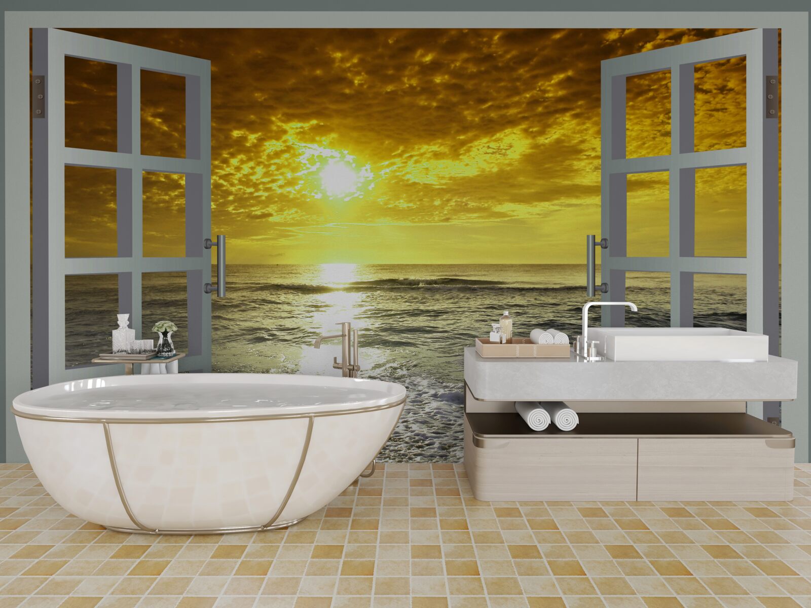 Papier peint vue magnifique sur le coucher de soleil sur la mer directement de la fenêtre