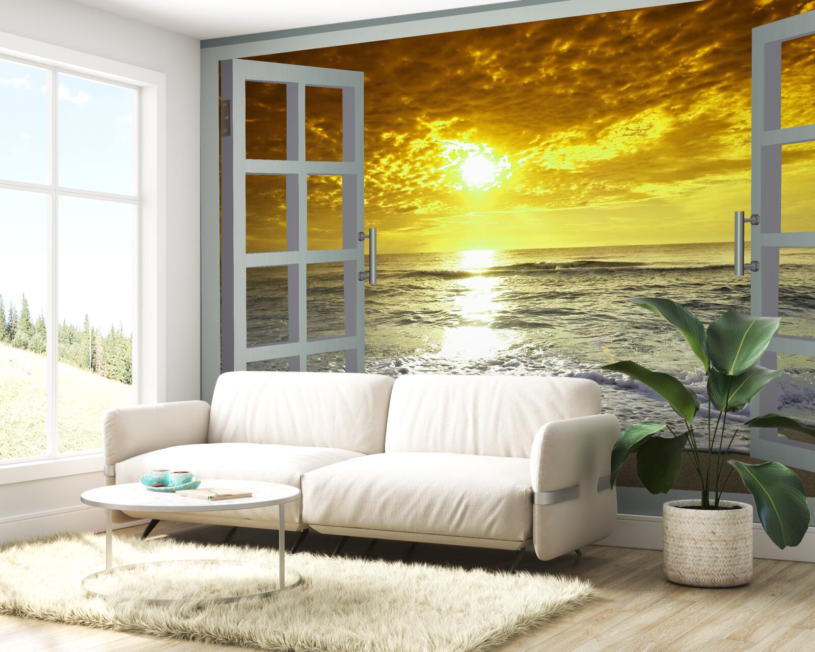 Papier peint vue magnifique sur le coucher de soleil sur la mer directement de la fenêtre