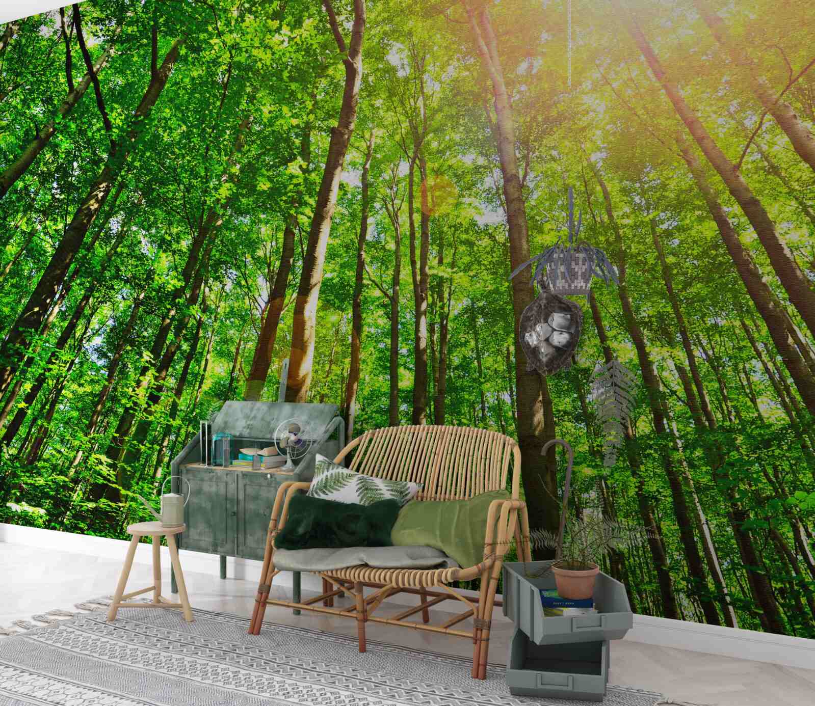 Papier peint la lumière riche du soleil perce à travers les lisières denses de la forêt