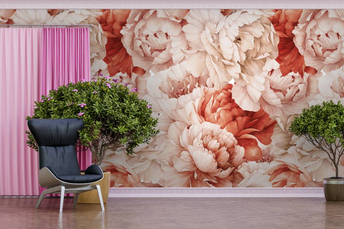 Papier peint composition de délicates pivoines blanches et rouges