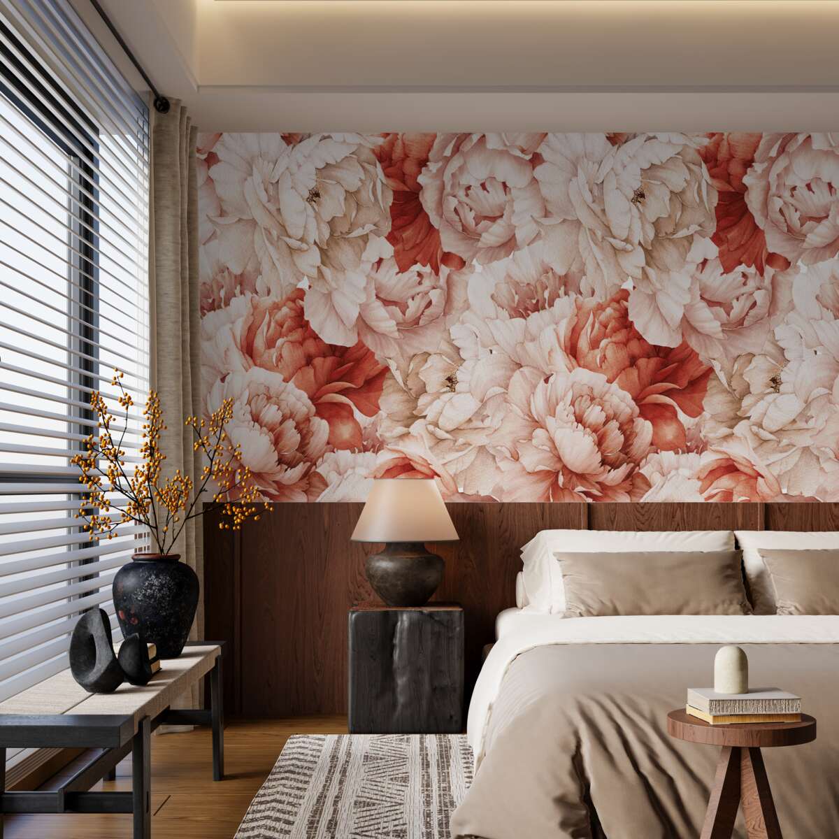 Papier peint composition de délicates pivoines blanches et rouges