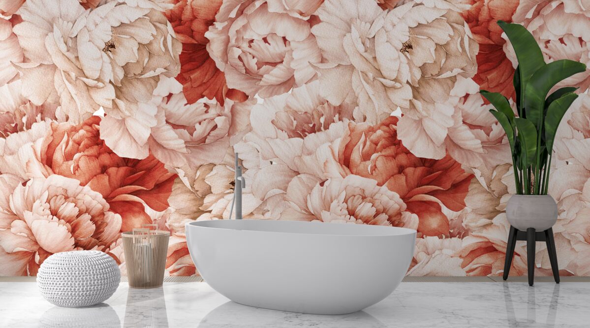 Papier peint composition de délicates pivoines blanches et rouges