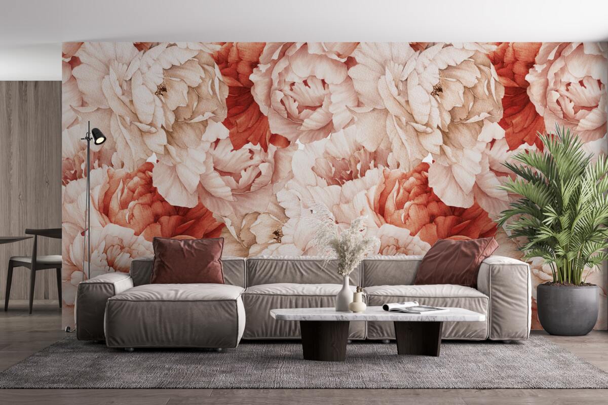 Papier peint composition de délicates pivoines blanches et rouges