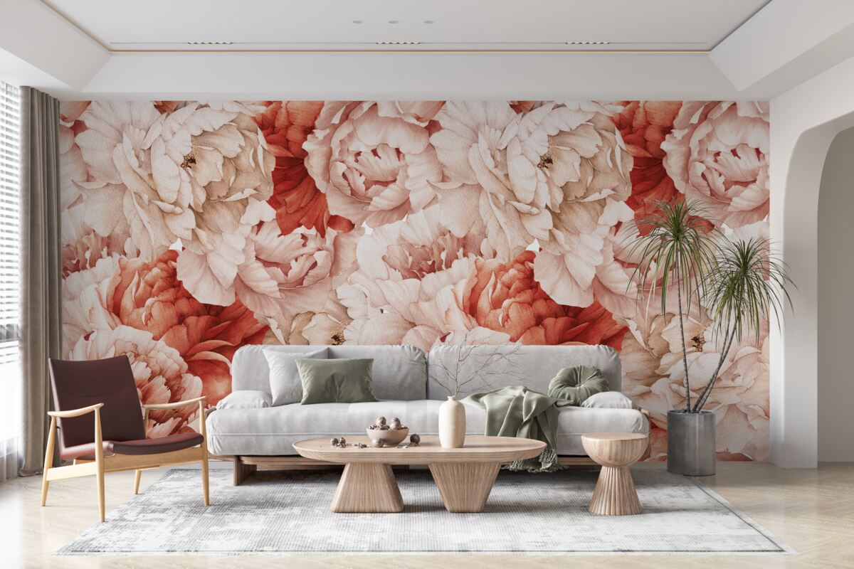 Papier peint composition de délicates pivoines blanches et rouges
