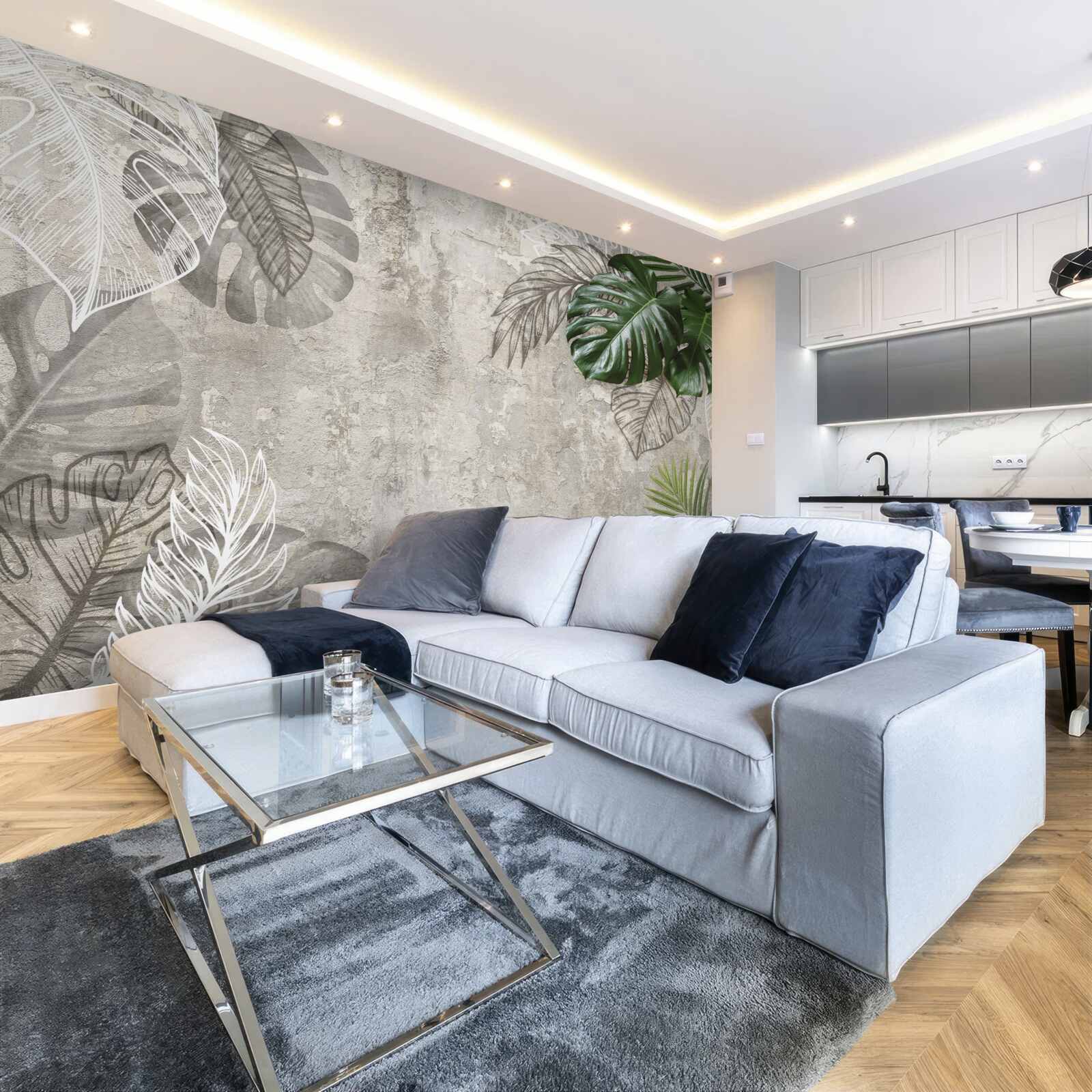 Papier peint aquarelles représentant une monstera et une fougère