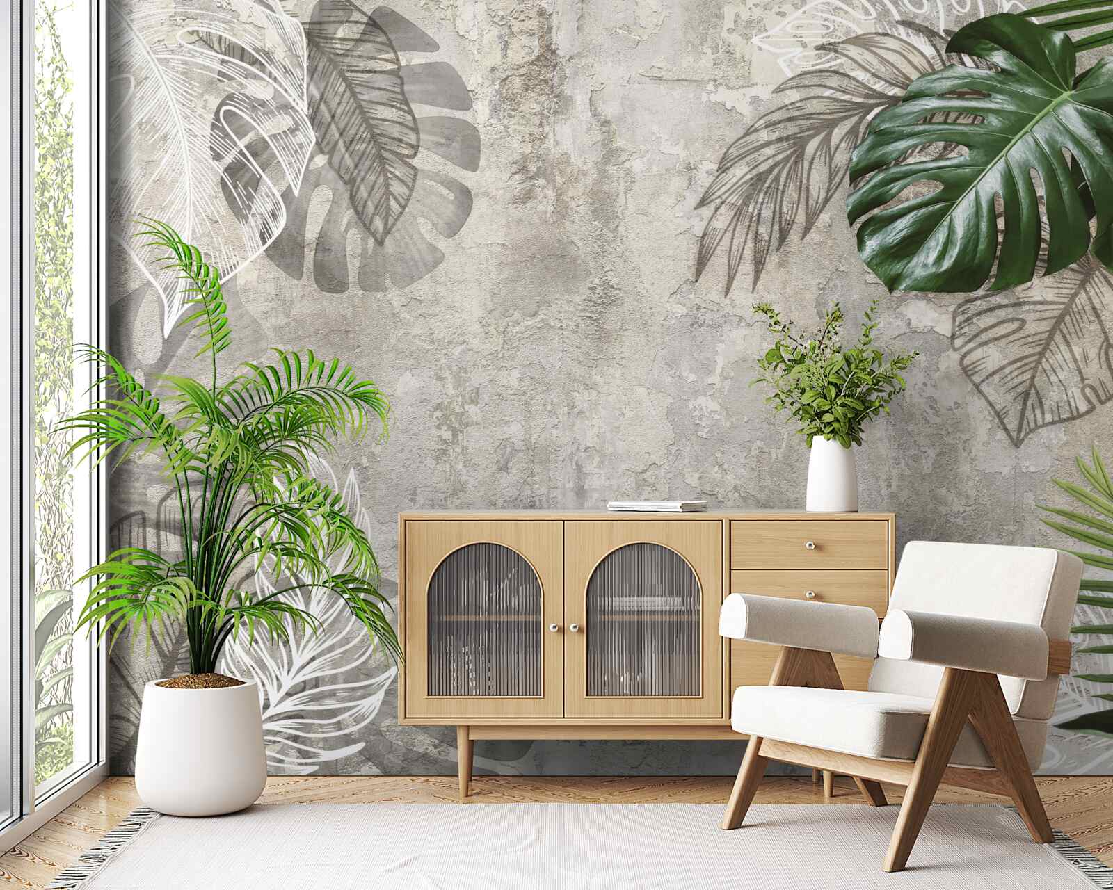 Papier peint aquarelles représentant une monstera et une fougère