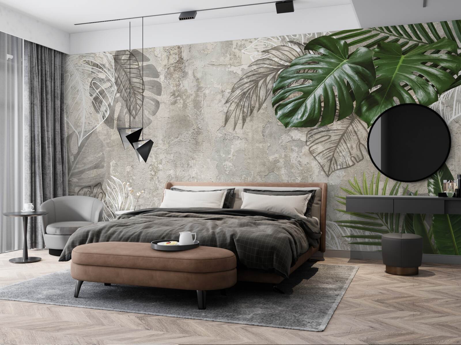 Papier peint aquarelles représentant une monstera et une fougère