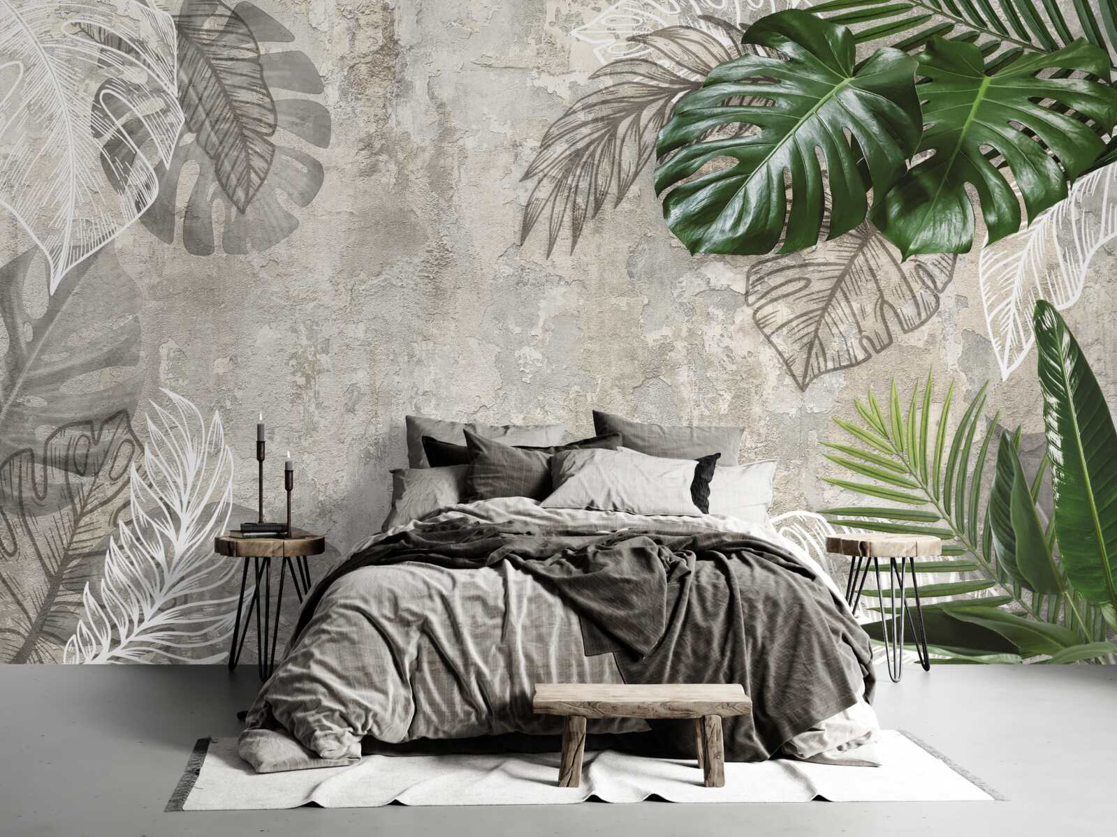 Papier peint aquarelles représentant une monstera et une fougère