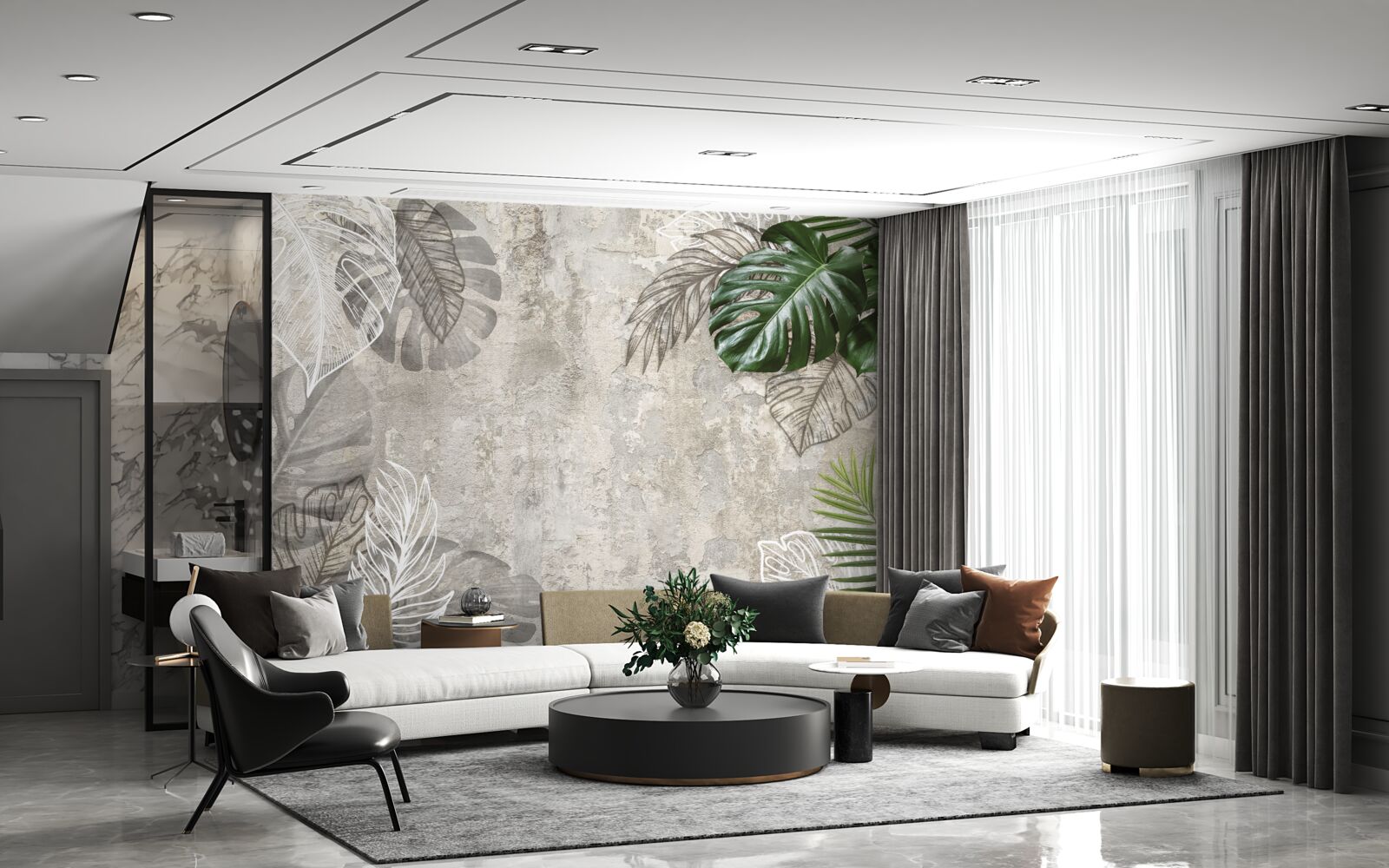 Papier peint aquarelles représentant une monstera et une fougère