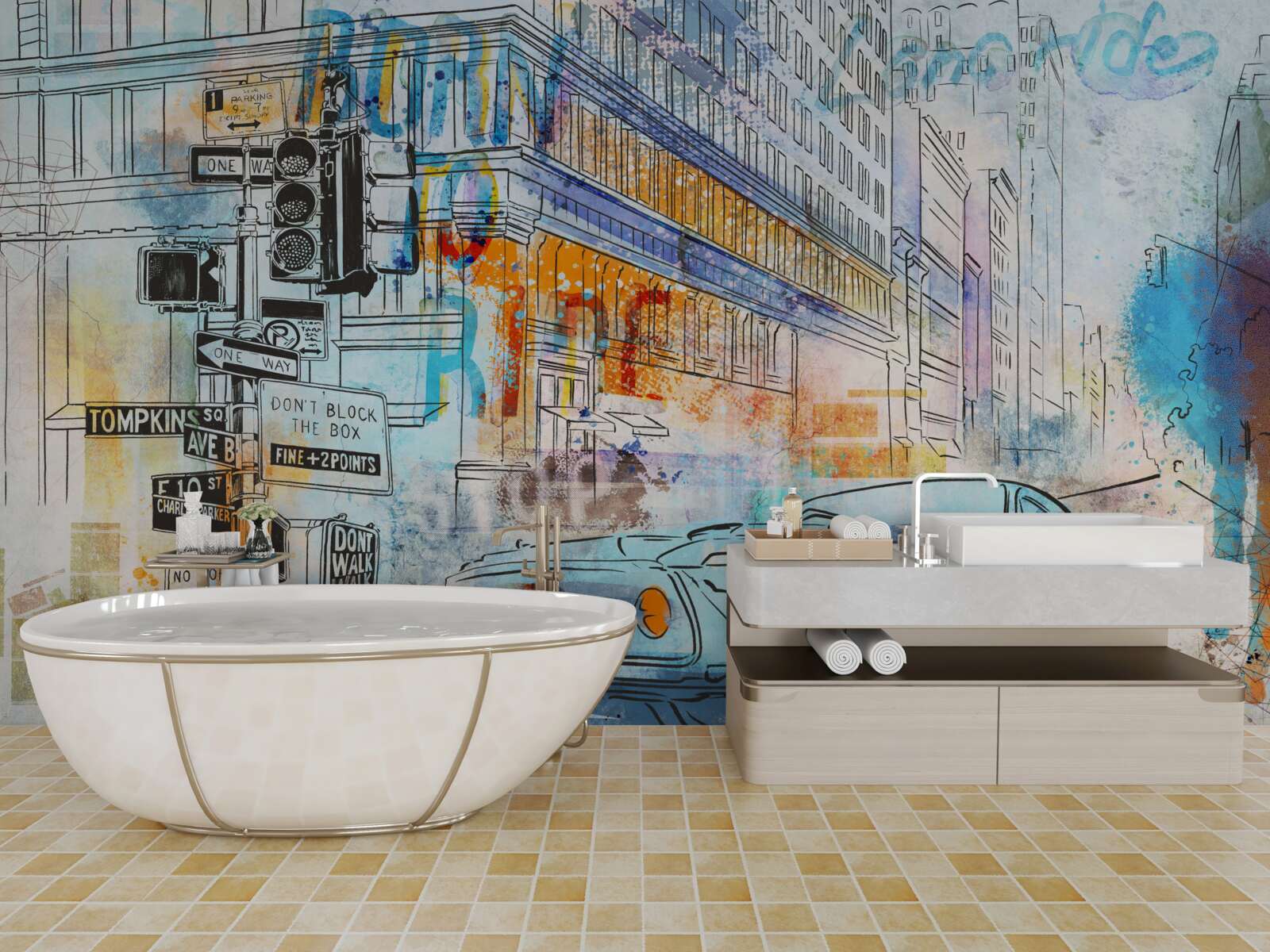 Papier peint croquis de voitures et de rues