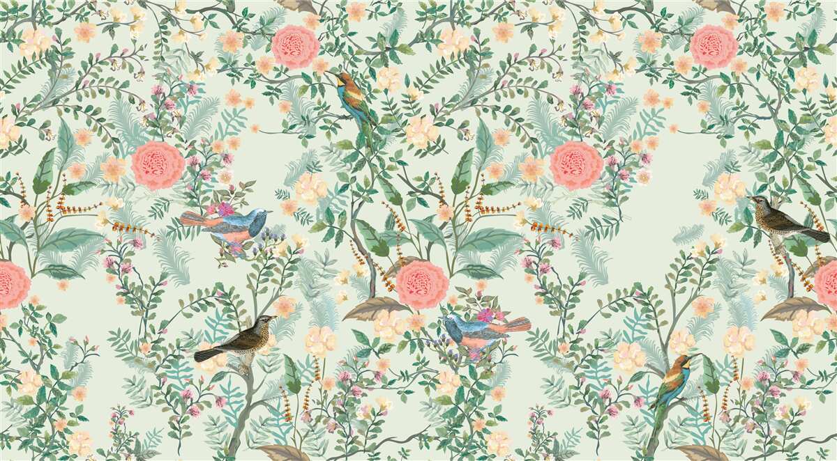 Papier peint Une flore et des oiseaux verdoyants et animés