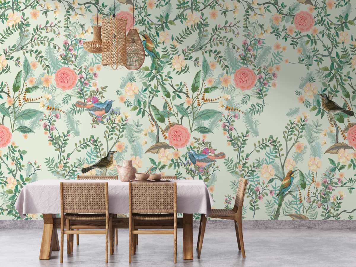 Papier peint Une flore et des oiseaux verdoyants et animés