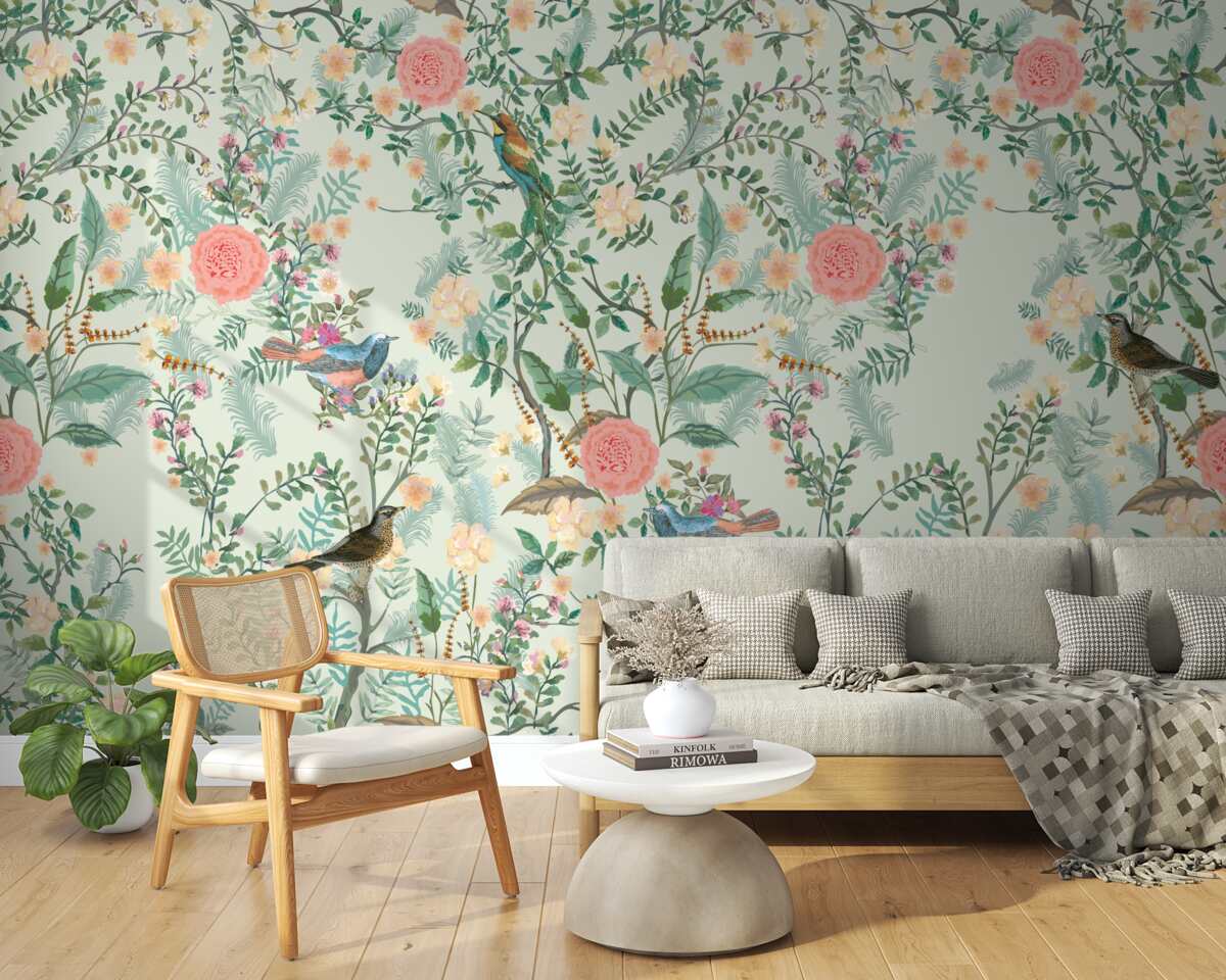 Papier peint Une flore et des oiseaux verdoyants et animés
