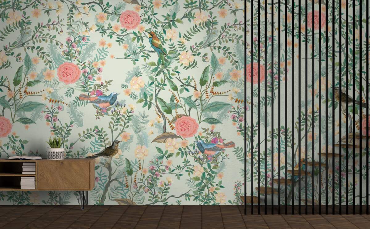 Papier peint Une flore et des oiseaux verdoyants et animés