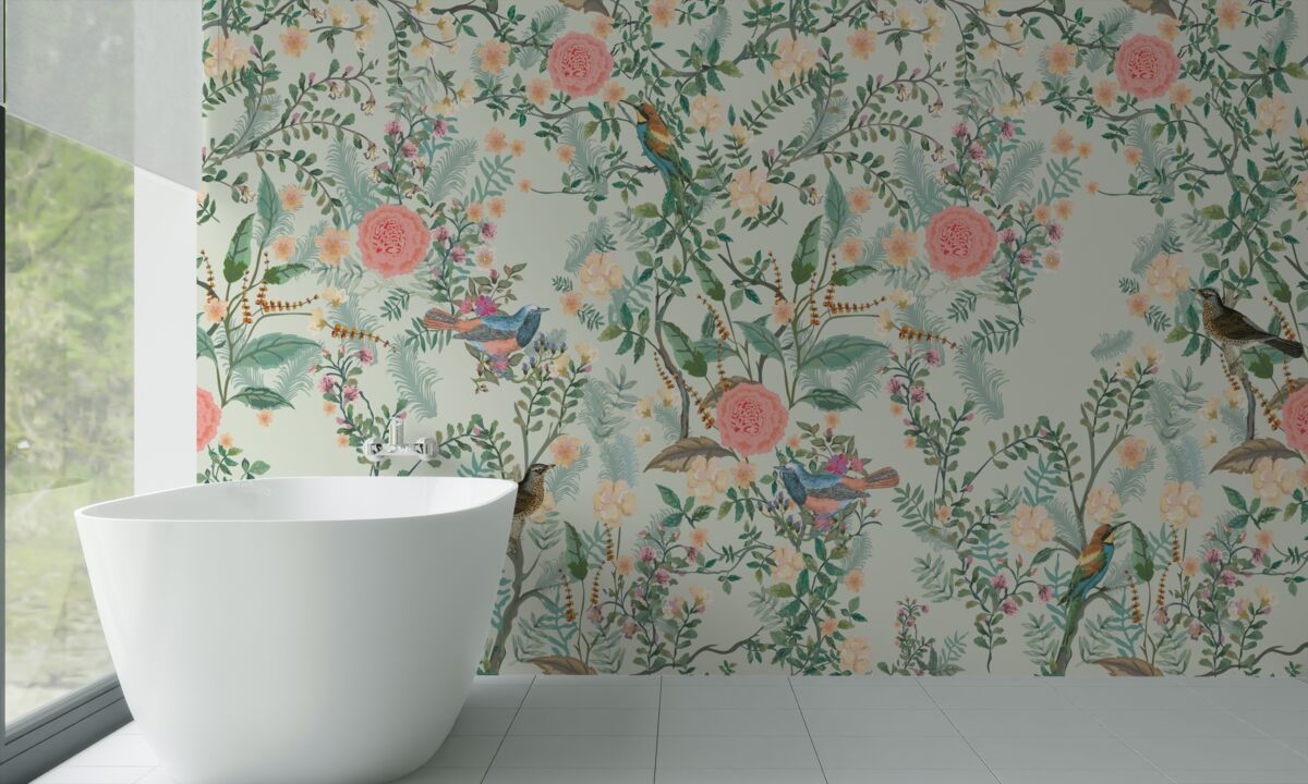 Papier peint Une flore et des oiseaux verdoyants et animés