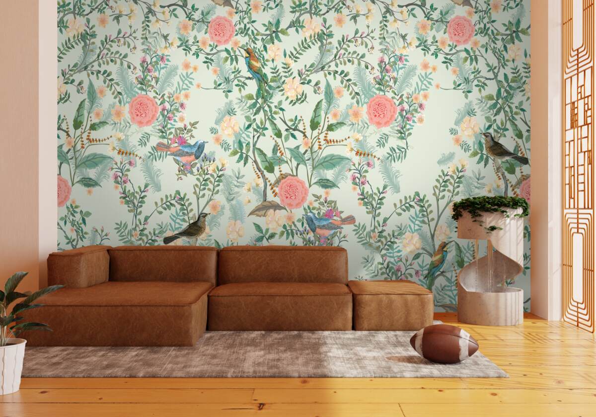 Papier peint Une flore et des oiseaux verdoyants et animés